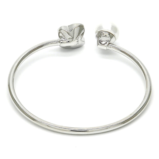 Rhodium Gold Filled Individual Bangle, Butterfly Design, with Provence Lavander Swarovski Crystals and Ivory Pearl, Polished, Rhodium Finish