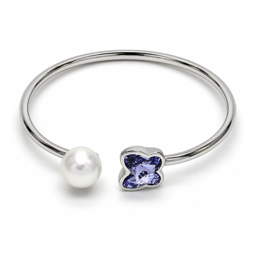 White Gold Filled Individual Bangle, Butterfly Design, with Provence Lavander Swarovski Crystals and Ivory Pearl, Polished, Rhodium Finish