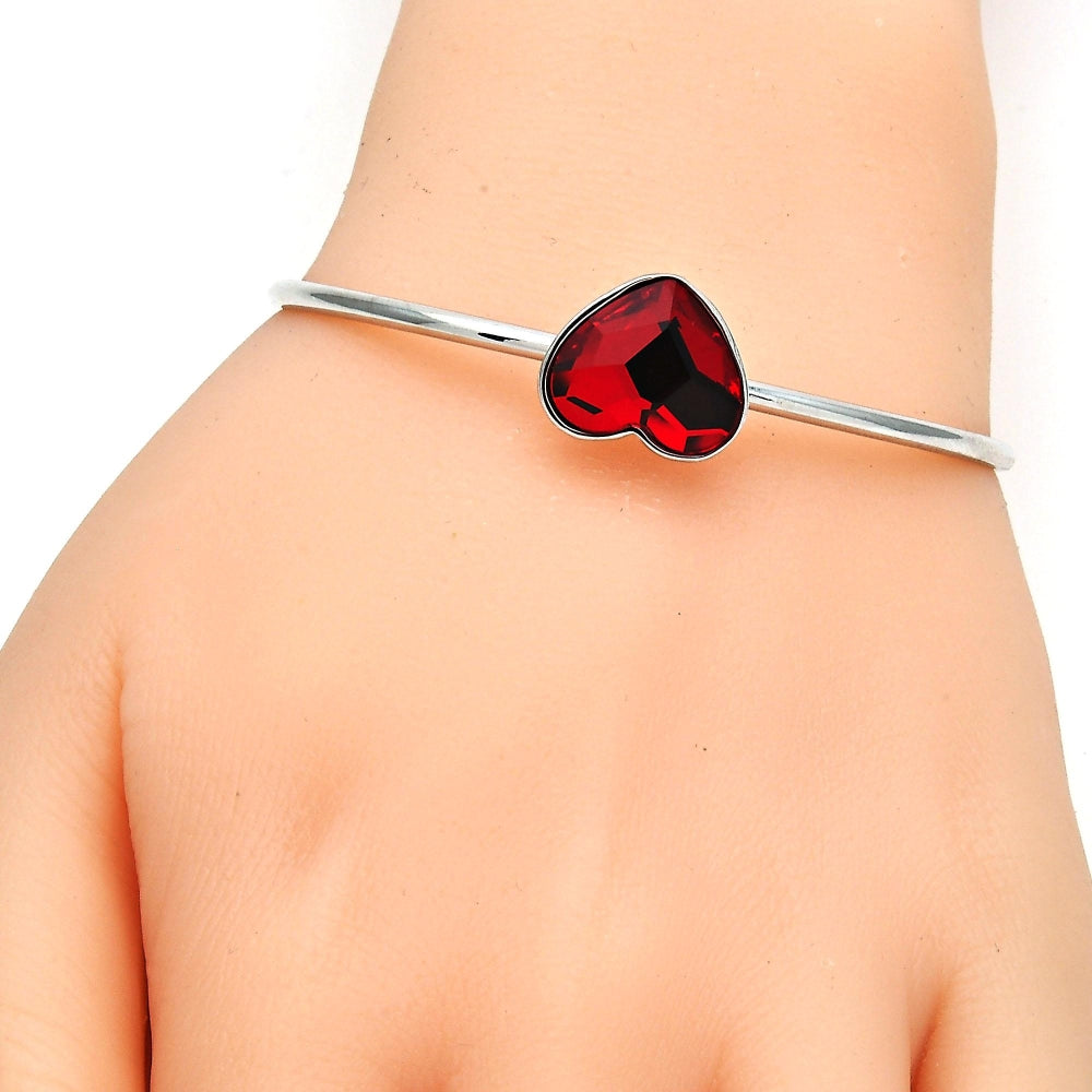Rhodium Gold Filled Individual Bangle, Heart Design, with Light Siam Swarovski Crystals, Polished, Rhodium Finish