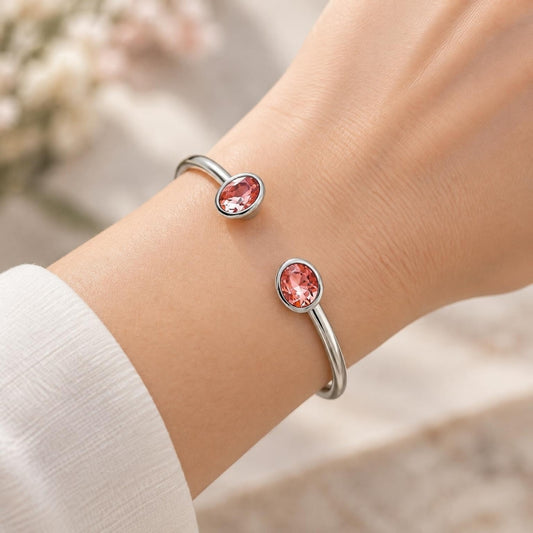 White Gold Filled Individual Bangle, with Rose Peach Swarovski Crystals, Polished, Rhodium Finish