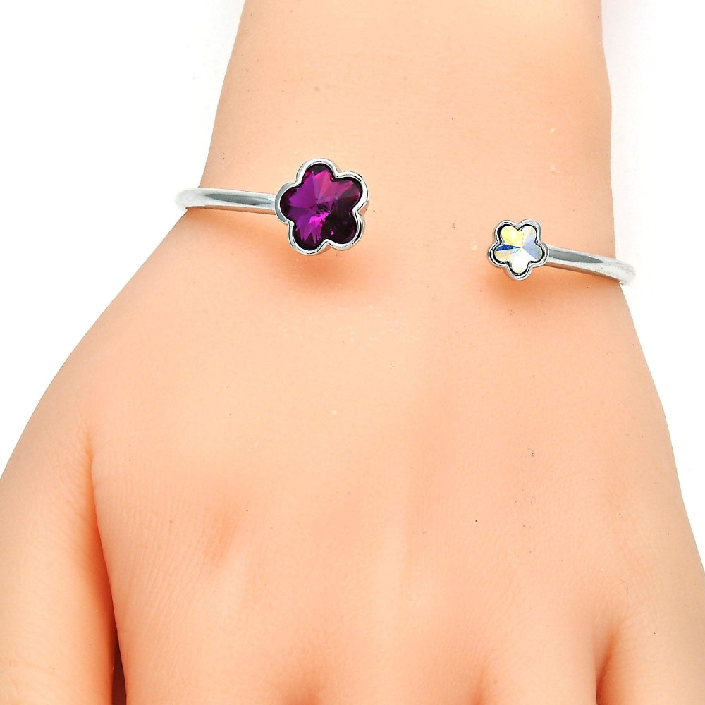 Rhodium Gold Filled Individual Bangle, Flower Design, with Fuchsia and Aurore Boreale Swarovski Crystals, Polished, Rhodium Finish