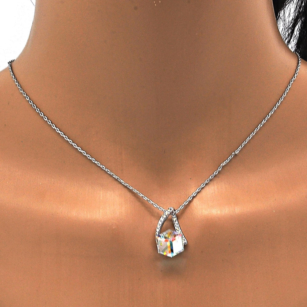 Rhodium Gold Filled Pendant Necklace, with Aurore Boreale and Aurore Boreale Swarovski Crystals, Polished, Rhodium Finish