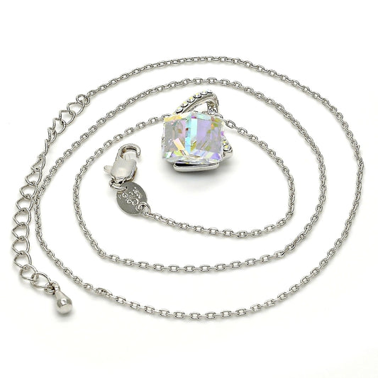 Rhodium Gold Filled Pendant Necklace, with Aurore Boreale and Aurore Boreale Swarovski Crystals, Polished, Rhodium Finish
