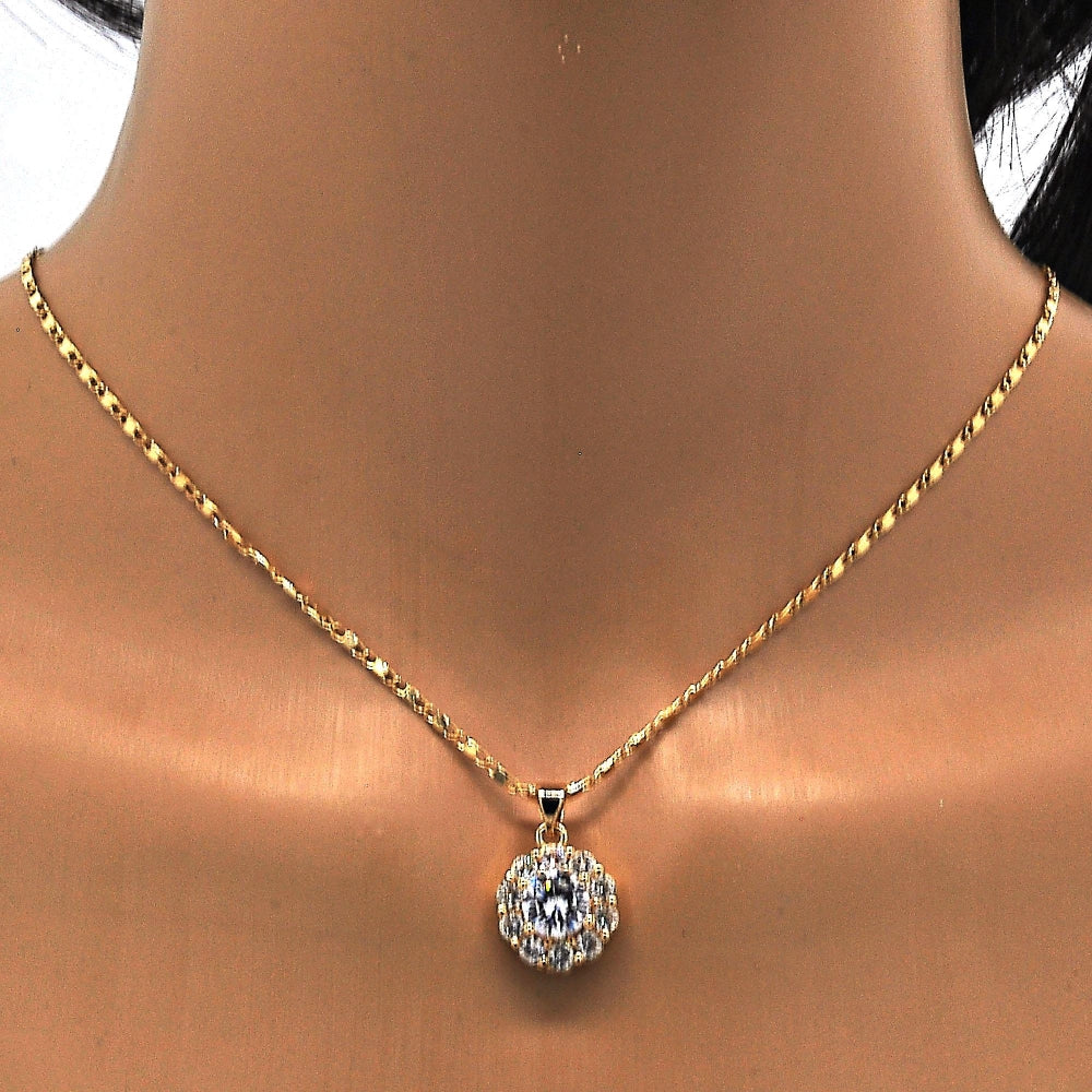 Oro Laminado Earring and Pendant Adult Set, Gold Filled Style Flower Design, with White Cubic Zirconia, Polished, Golden Finish