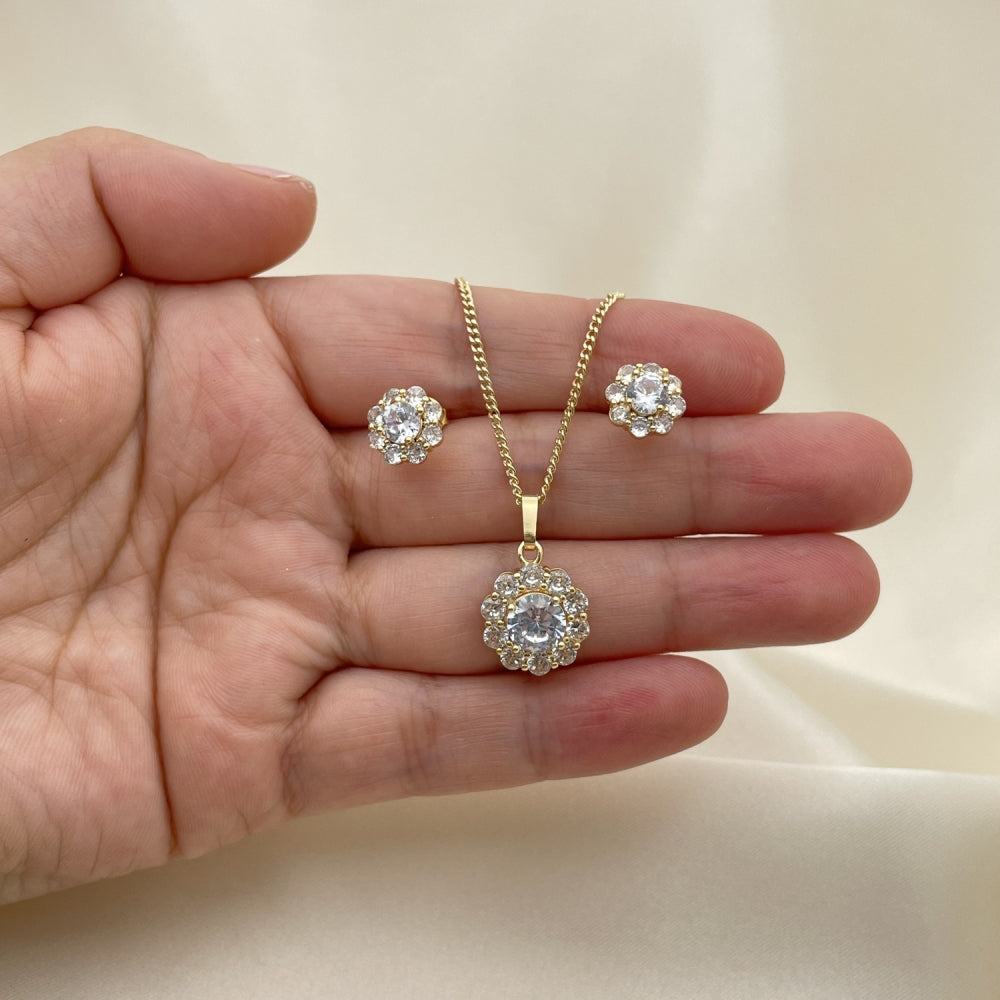 Oro Laminado Earring and Pendant Adult Set, Gold Filled Style Flower Design, with White Cubic Zirconia, Polished, Golden Finish