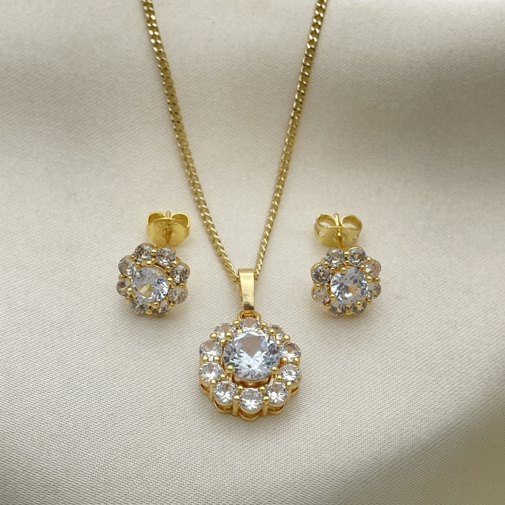 Oro Laminado Earring and Pendant Adult Set, Gold Filled Style Flower Design, with White Cubic Zirconia, Polished, Golden Finish