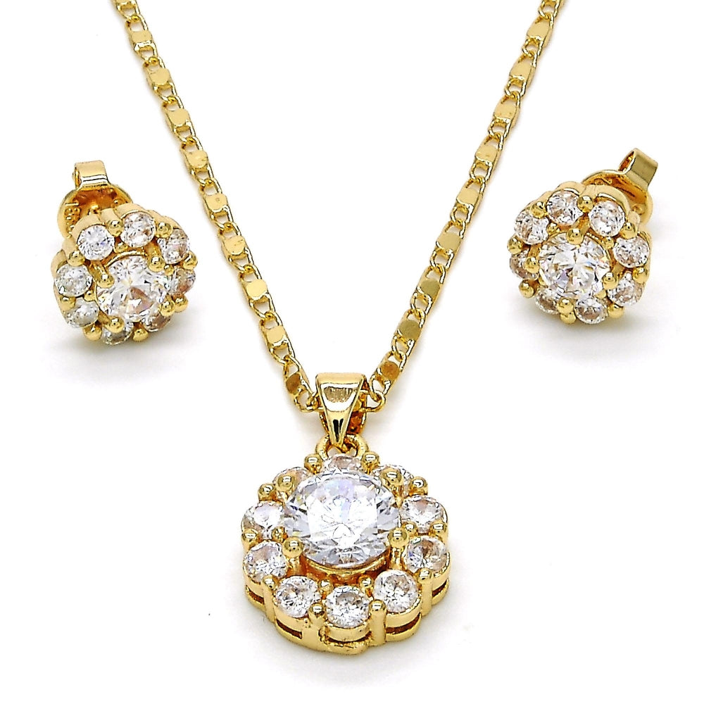 Oro Laminado Earring and Pendant Adult Set, Gold Filled Style Flower Design, with White Cubic Zirconia, Polished, Golden Finish