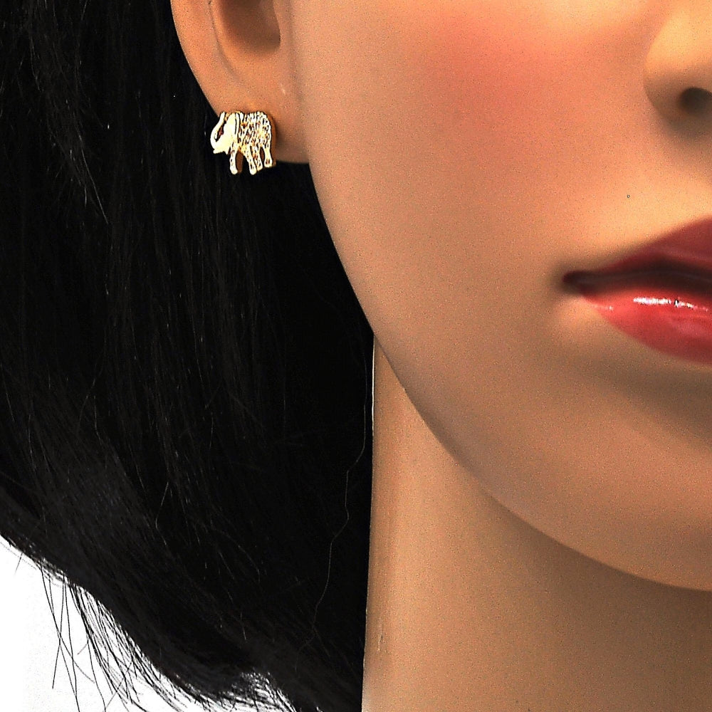 Oro Laminado Earring and Pendant Adult Set, Gold Filled Style Elephant Design, with White and Ruby Micro Pave, Polished, Golden Finish
