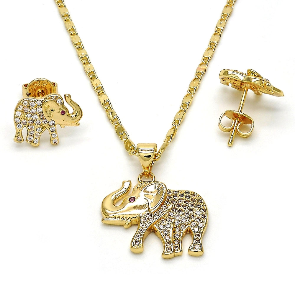 Oro Laminado Earring and Pendant Adult Set, Gold Filled Style Elephant Design, with White and Ruby Micro Pave, Polished, Golden Finish