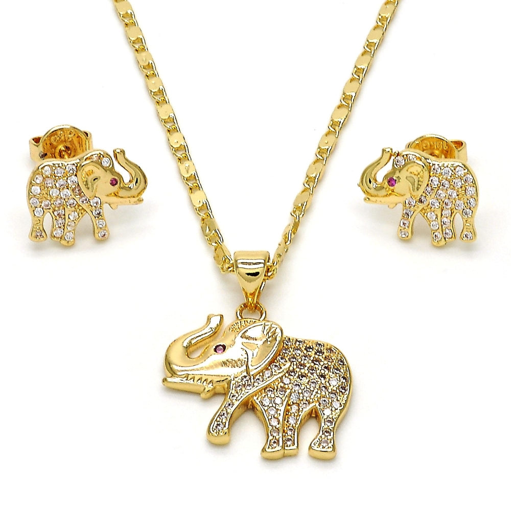 Oro Laminado Earring and Pendant Adult Set, Gold Filled Style Elephant Design, with White and Ruby Micro Pave, Polished, Golden Finish