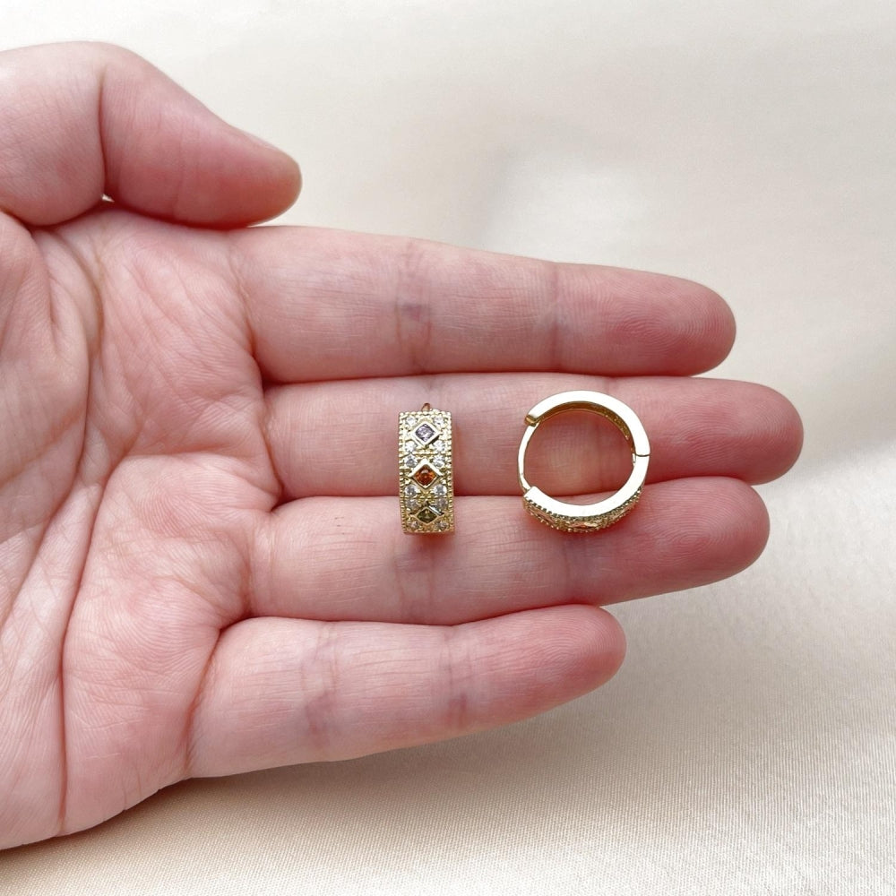 Oro Laminado Huggie Hoop, Gold Filled Style with Multicolor Cubic Zirconia and White Micro Pave, Polished, Golden Finish