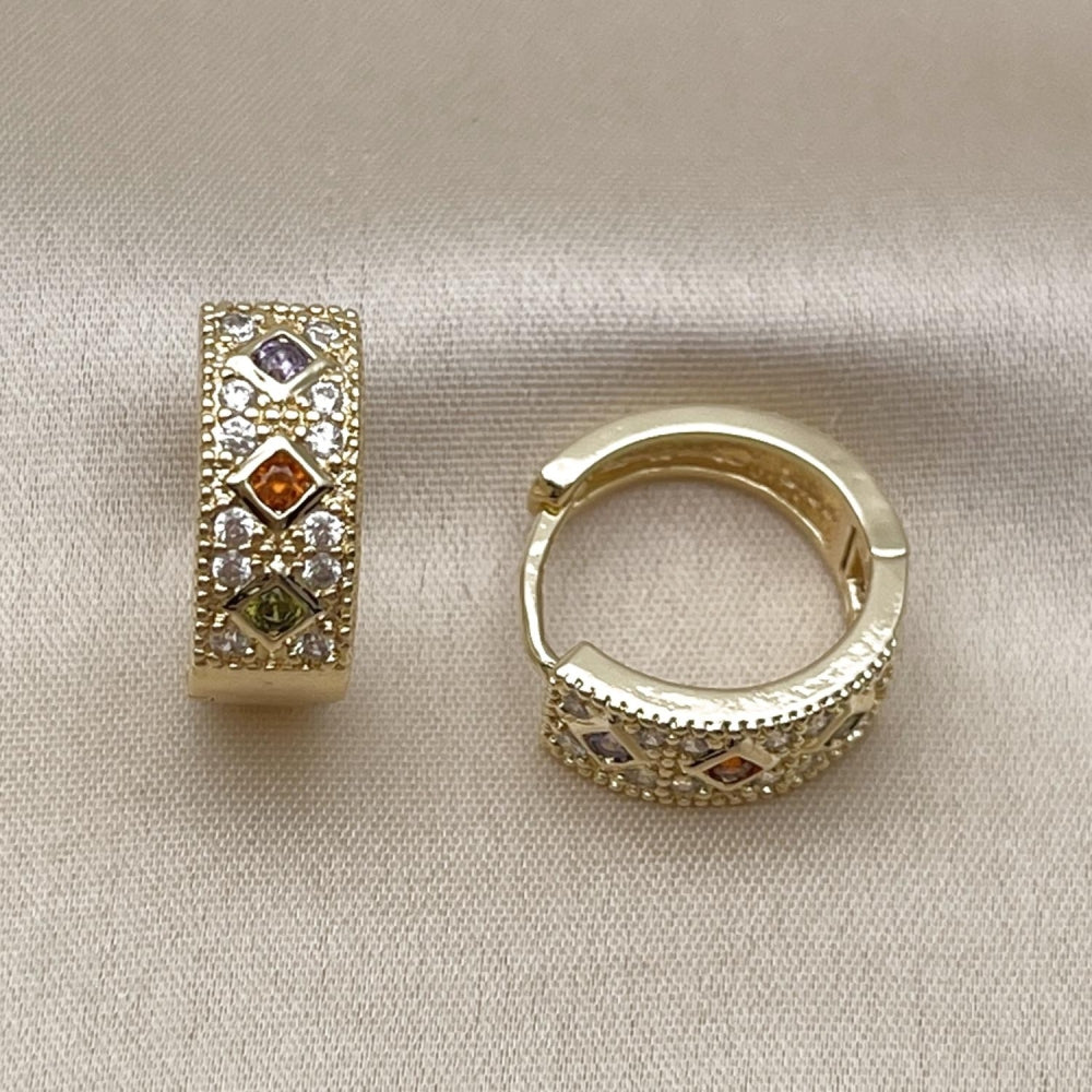 Oro Laminado Huggie Hoop, Gold Filled Style with Multicolor Cubic Zirconia and White Micro Pave, Polished, Golden Finish