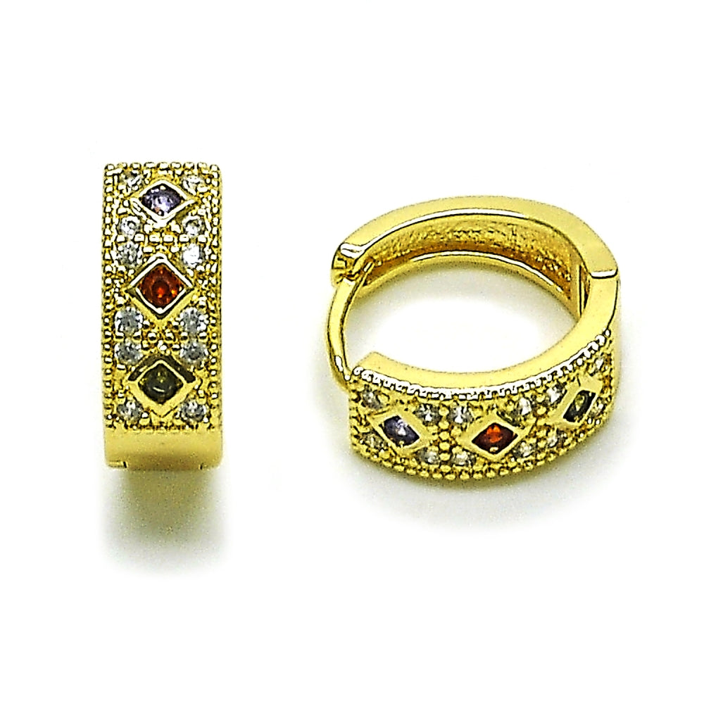 Oro Laminado Huggie Hoop, Gold Filled Style with Multicolor Cubic Zirconia and White Micro Pave, Polished, Golden Finish