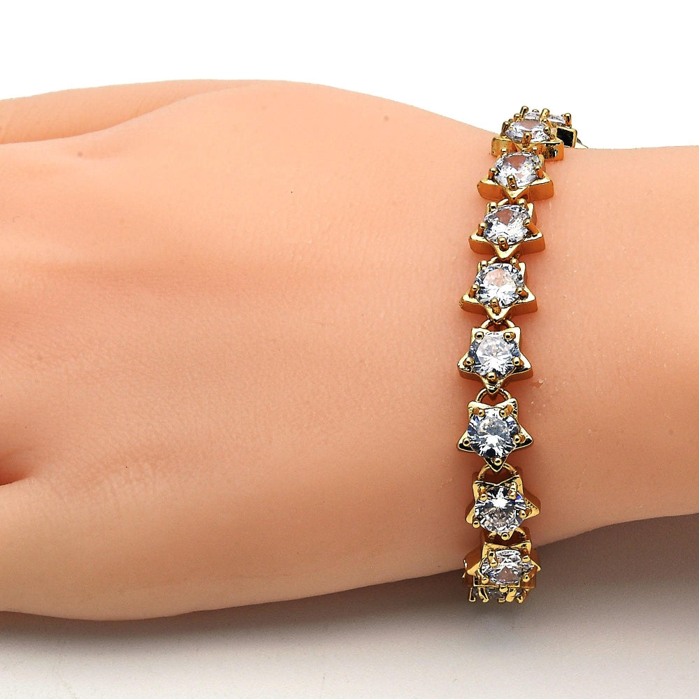 Oro Laminado Tennis Bracelet, Gold Filled Style Star Design, with White Cubic Zirconia, Polished, Golden Finish
