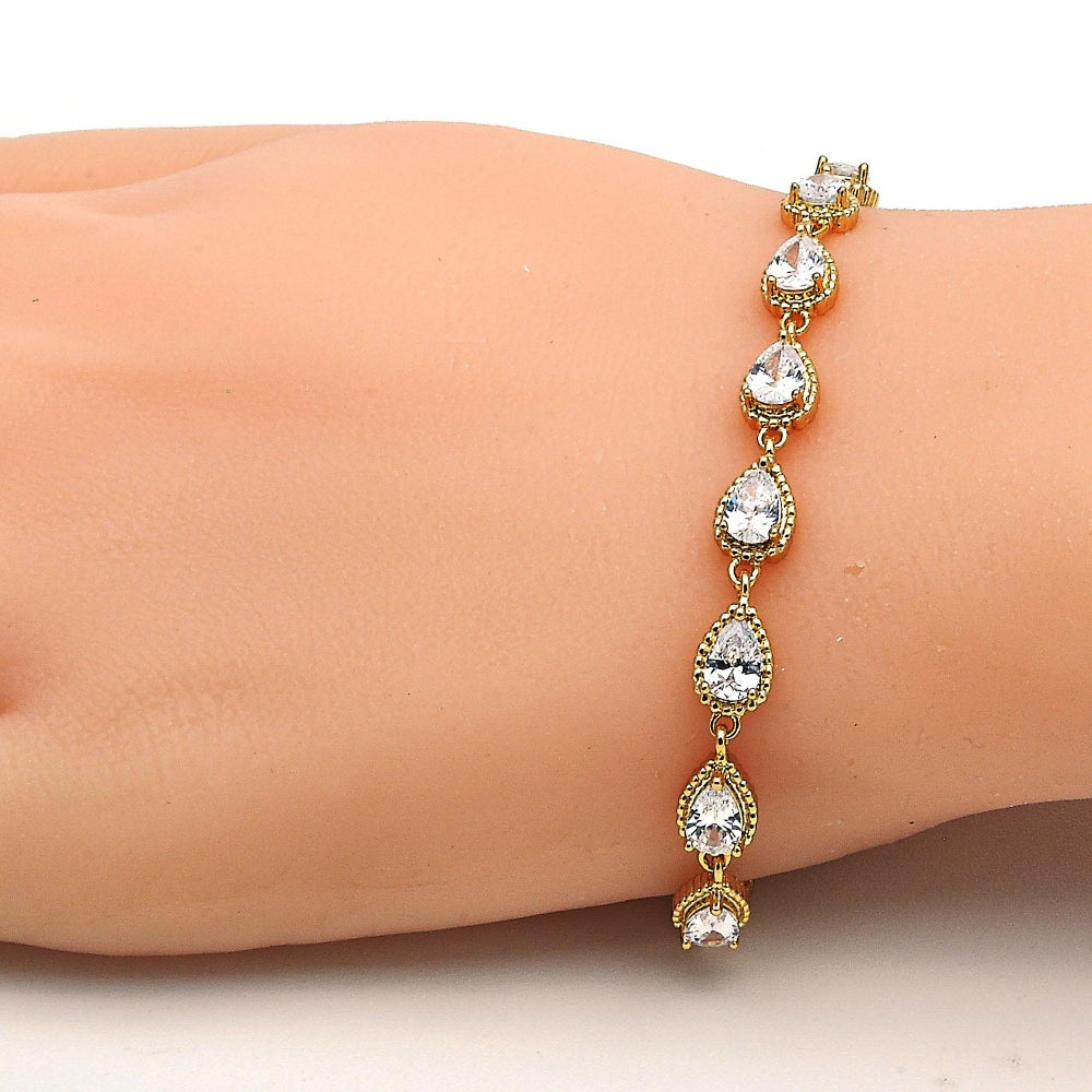 Oro Laminado Tennis Bracelet, Gold Filled Style Teardrop Design, with White Cubic Zirconia, Polished, Golden Finish