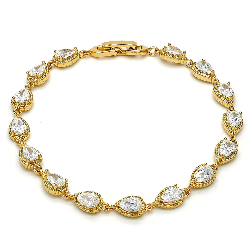 Oro Laminado Tennis Bracelet, Gold Filled Style Teardrop Design, with White Cubic Zirconia, Polished, Golden Finish
