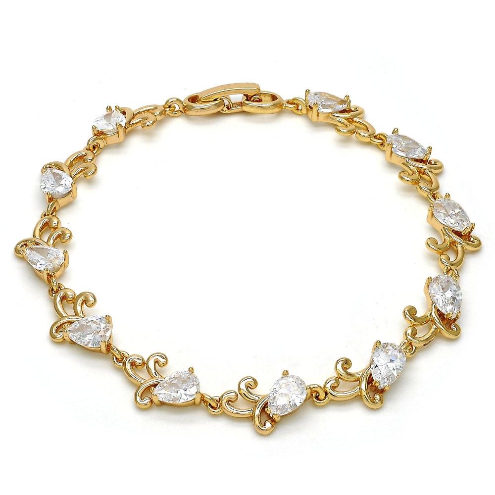 Oro Laminado Tennis Bracelet, Gold Filled Style Teardrop Design, with White Cubic Zirconia, Polished, Golden Finish
