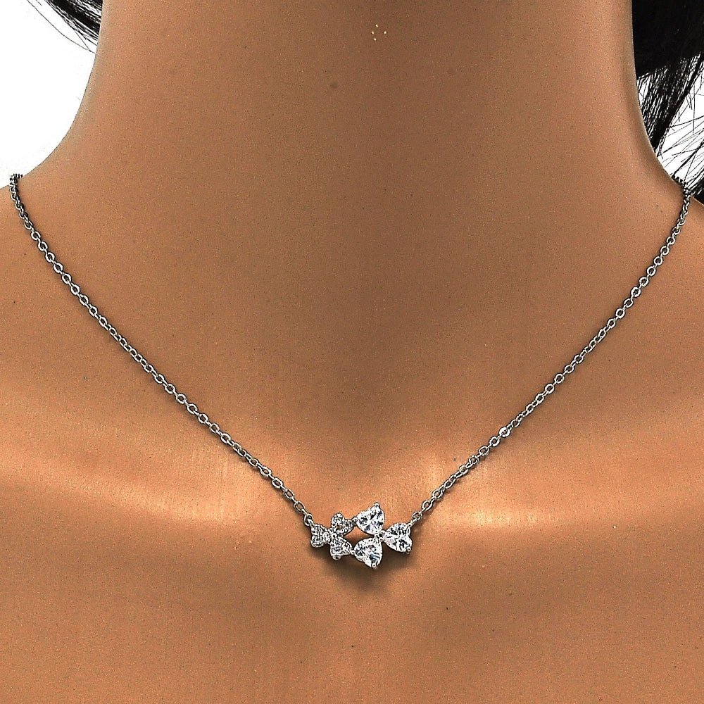 Rhodium Gold Filled Pendant Necklace, Heart Design, with White Cubic Zirconia, Polished, Rhodium Finish