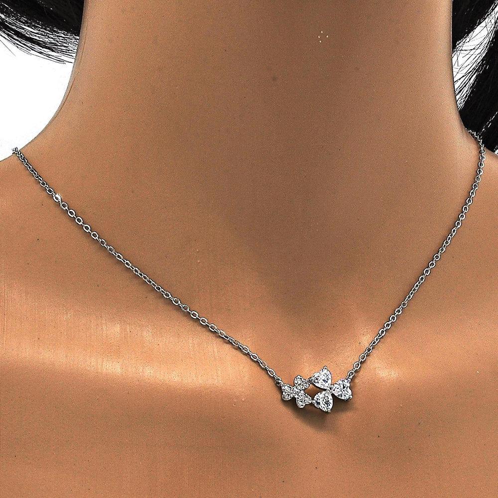 Rhodium Gold Filled Pendant Necklace, Heart Design, with White Cubic Zirconia, Polished, Rhodium Finish