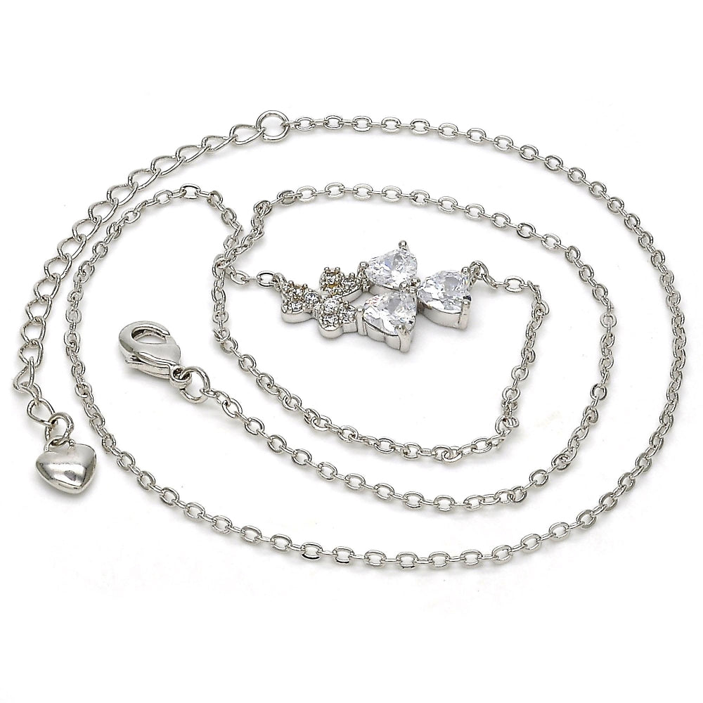 Rhodium Gold Filled Pendant Necklace, Heart Design, with White Cubic Zirconia, Polished, Rhodium Finish