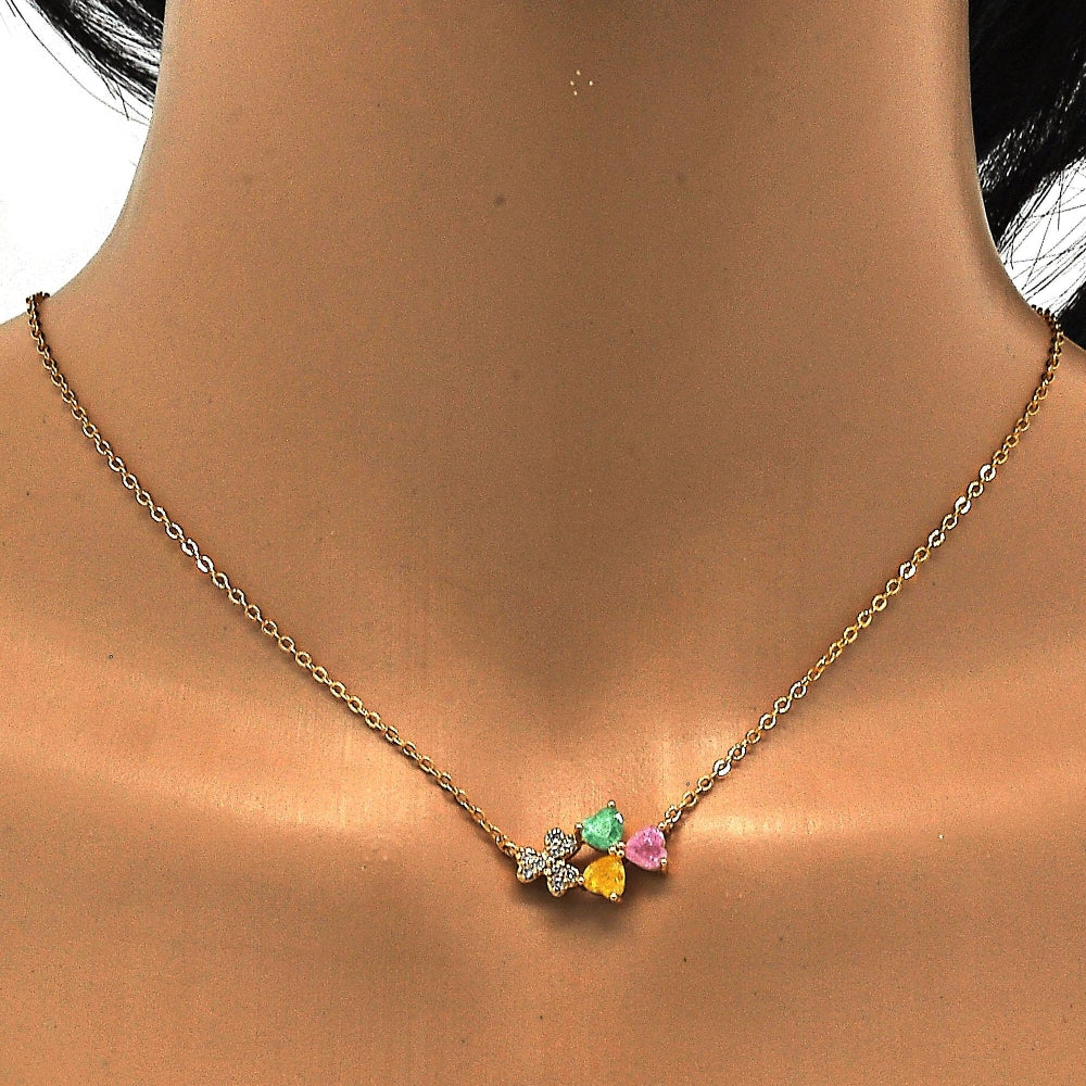 Oro Laminado Pendant Necklace, Gold Filled Style Heart Design, with Multicolor Cubic Zirconia, Polished, Golden Finish