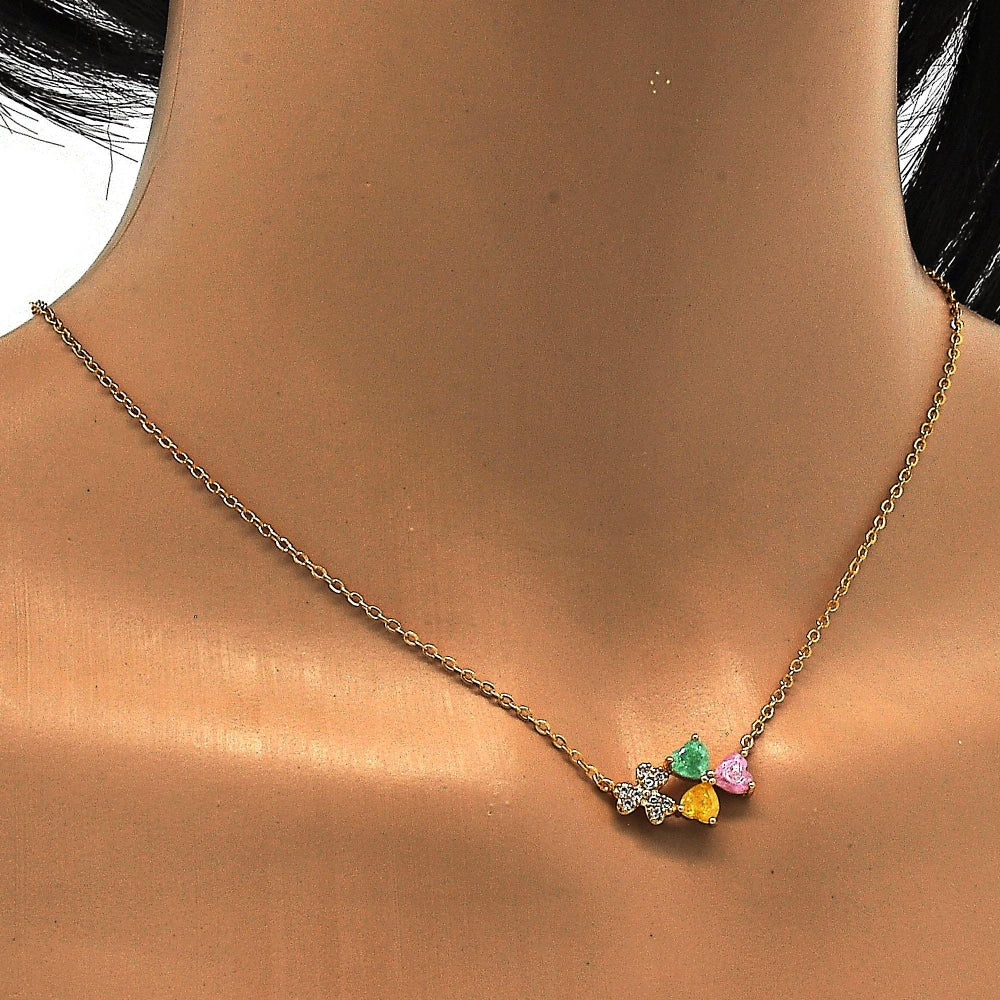 Oro Laminado Pendant Necklace, Gold Filled Style Heart Design, with Multicolor Cubic Zirconia, Polished, Golden Finish