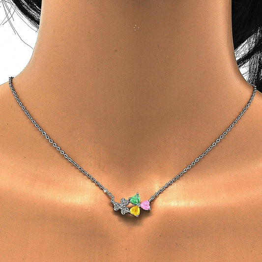 Rhodium Gold Filled Pendant Necklace, Heart Design, with Multicolor Cubic Zirconia, Polished, Rhodium Finish
