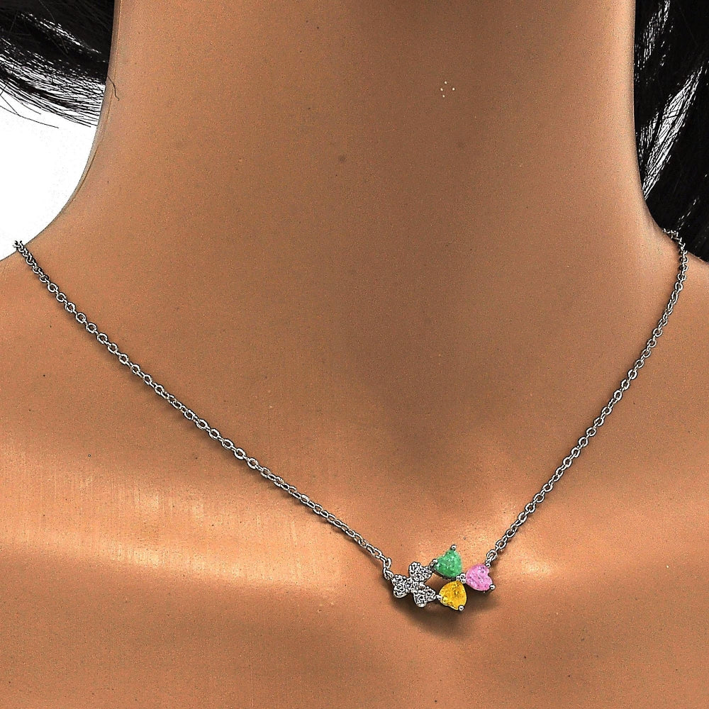 Rhodium Gold Filled Pendant Necklace, Heart Design, with Multicolor Cubic Zirconia, Polished, Rhodium Finish