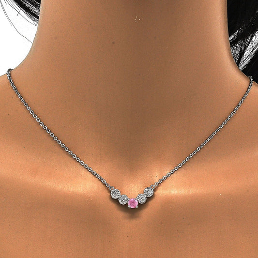 Rhodium Gold Filled Pendant Necklace, with Pink and White Cubic Zirconia, Polished, Rhodium Finish