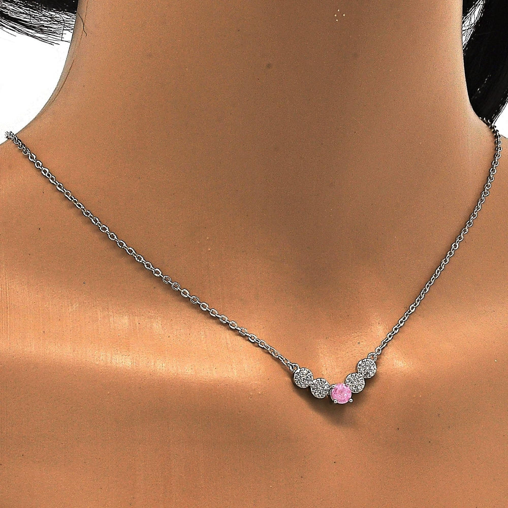 Rhodium Gold Filled Pendant Necklace, with Pink and White Cubic Zirconia, Polished, Rhodium Finish