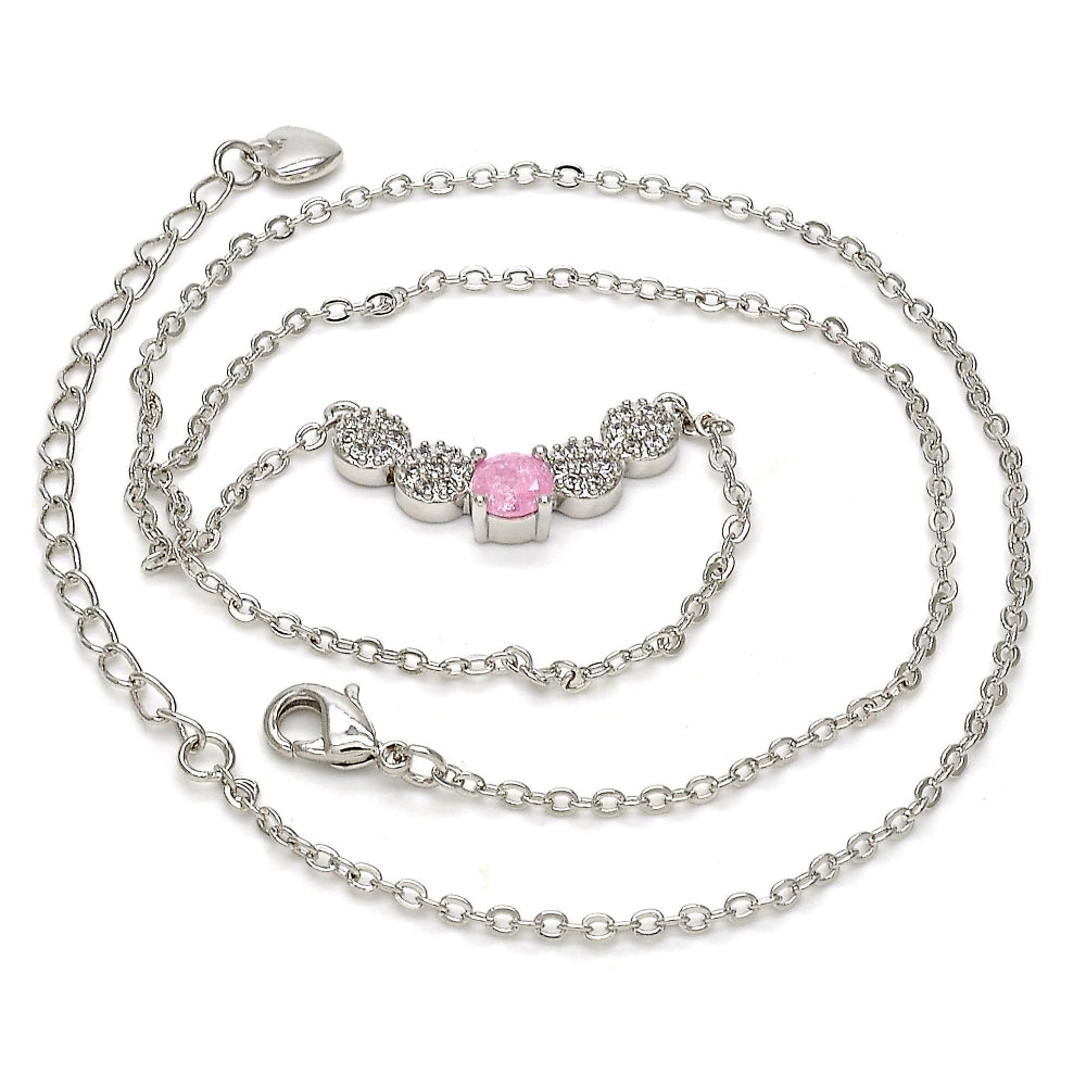 Rhodium Gold Filled Pendant Necklace, with Pink and White Cubic Zirconia, Polished, Rhodium Finish