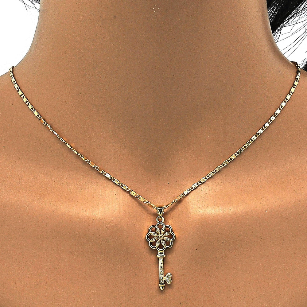 Oro Laminado Pendant Necklace, Gold Filled Style key and Flower Design, with White Micro Pave, Polished, Golden Finish