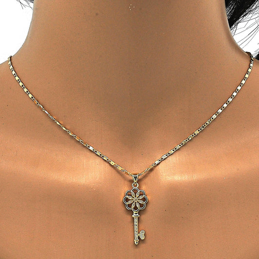 Oro Laminado Pendant Necklace, Gold Filled Style key and Flower Design, with White Micro Pave, Polished, Golden Finish