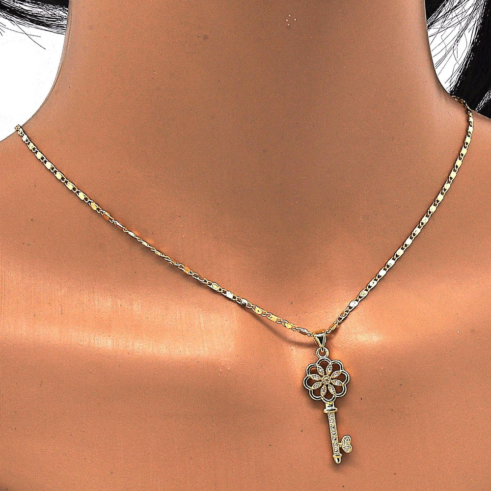 Oro Laminado Pendant Necklace, Gold Filled Style key and Flower Design, with White Micro Pave, Polished, Golden Finish