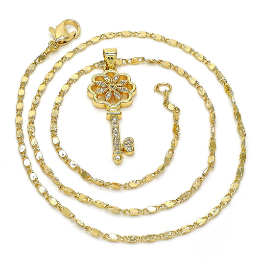 Oro Laminado Pendant Necklace, Gold Filled Style key and Flower Design, with White Micro Pave, Polished, Golden Finish