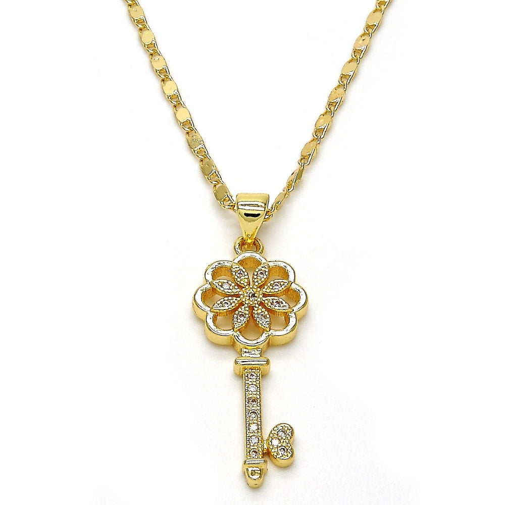 Oro Laminado Pendant Necklace, Gold Filled Style key and Flower Design, with White Micro Pave, Polished, Golden Finish