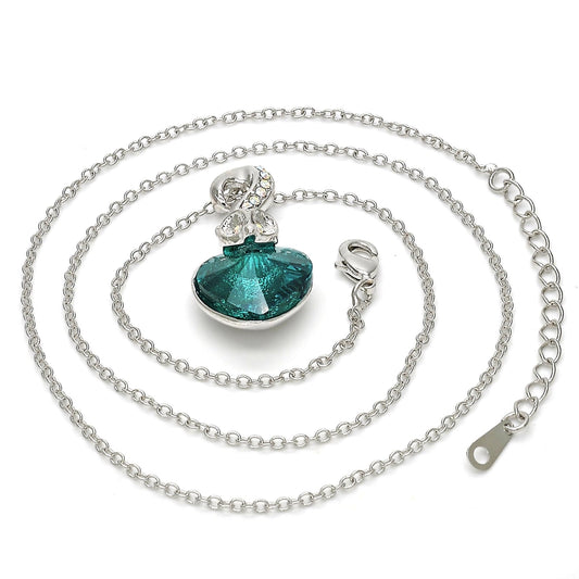 Rhodium Gold Filled Pendant Necklace, Heart Design, with Blue Zircon and Aurore Boreale Swarovski Crystals, Polished, Rhodium Finish