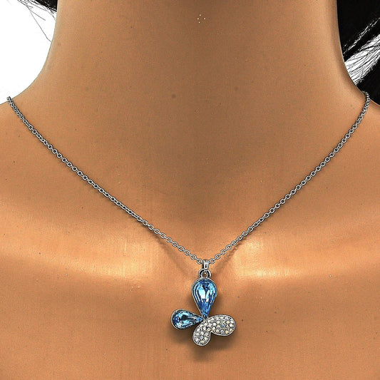 Rhodium Gold Filled Pendant Necklace, Butterfly Design, with Aquamarine and Aurore Boreale Swarovski Crystals, Polished, Rhodium Finish