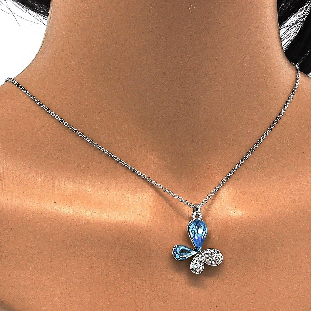 Rhodium Gold Filled Pendant Necklace, Butterfly Design, with Aquamarine and Aurore Boreale Swarovski Crystals, Polished, Rhodium Finish