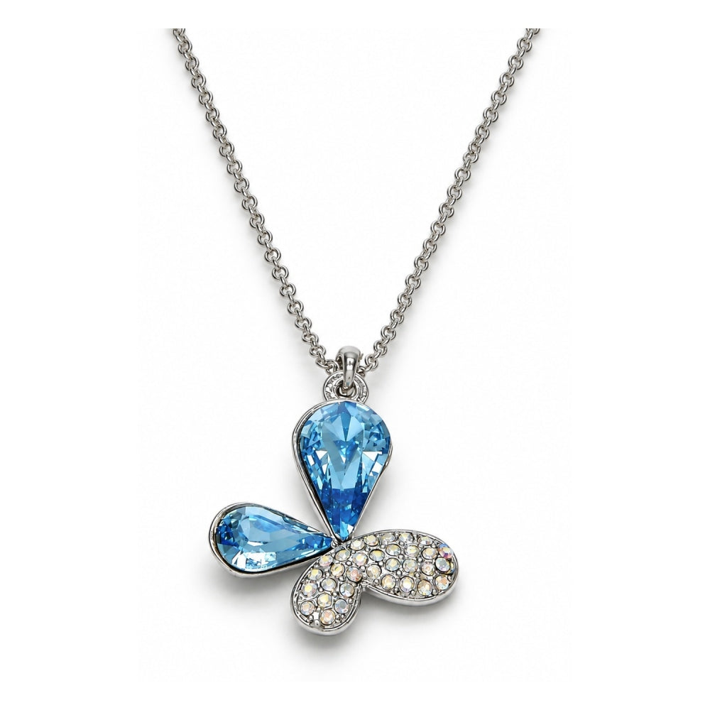 Rhodium Gold Filled Pendant Necklace, Butterfly Design, with Aquamarine and Aurore Boreale Swarovski Crystals, Polished, Rhodium Finish