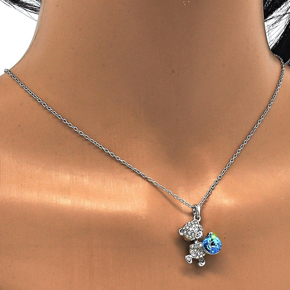 Rhodium Gold Filled Pendant Necklace, Teddy Bear Design, with Aquamarine and Aurore Boreale Swarovski Crystals, Polished, Rhodium Finish