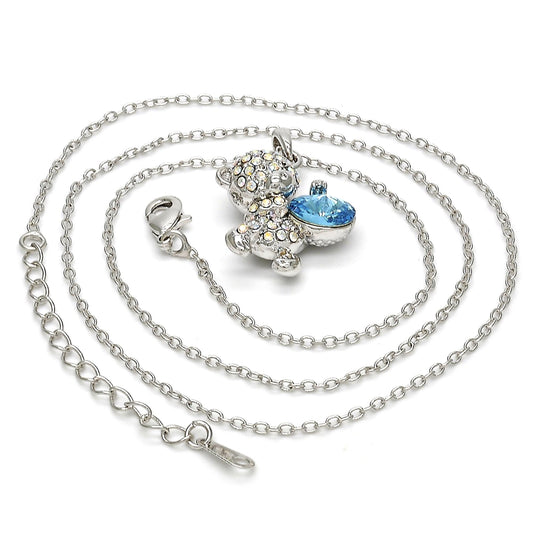 Rhodium Gold Filled Pendant Necklace, Teddy Bear Design, with Aquamarine and Aurore Boreale Swarovski Crystals, Polished, Rhodium Finish