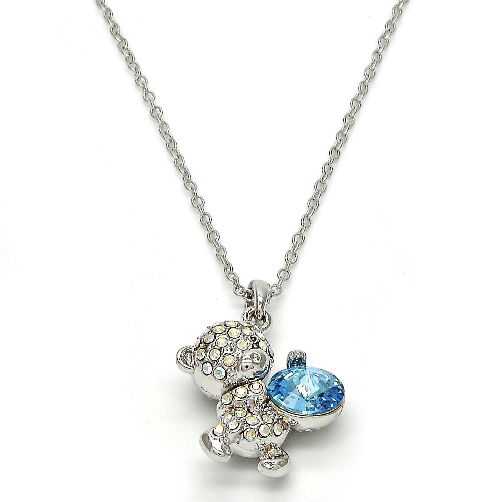 Rhodium Gold Filled Pendant Necklace, Teddy Bear Design, with Aquamarine and Aurore Boreale Swarovski Crystals, Polished, Rhodium Finish