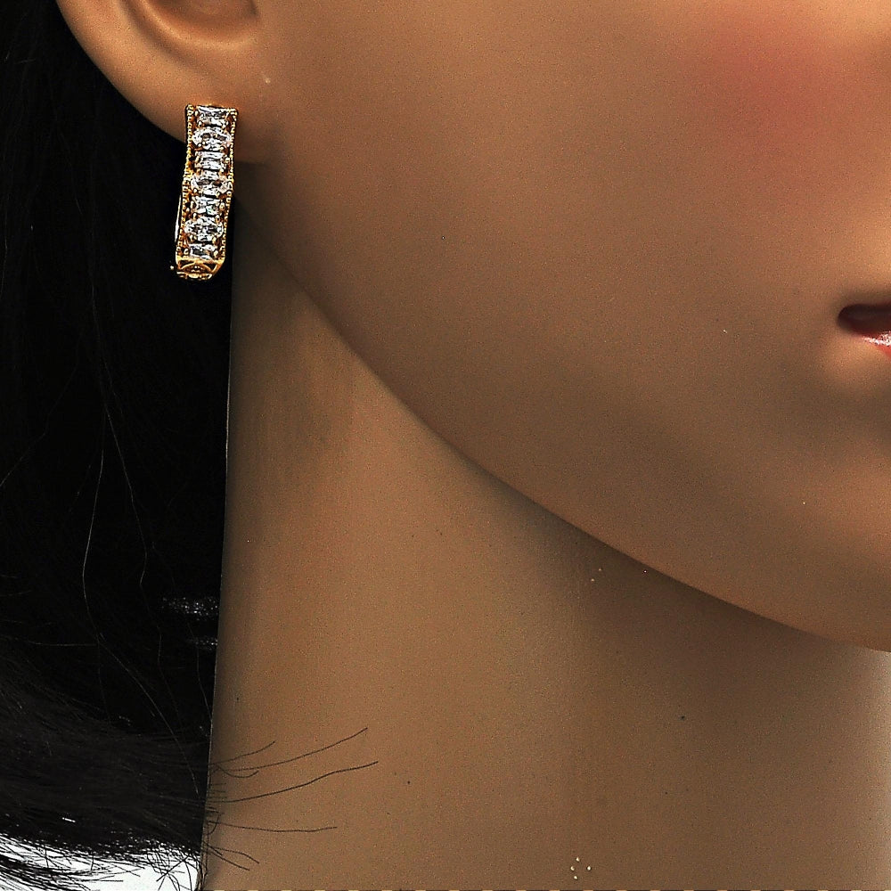 Oro Laminado Huggie Hoop, Gold Filled Style Baguette Design, with White Cubic Zirconia, Polished, Golden Finish