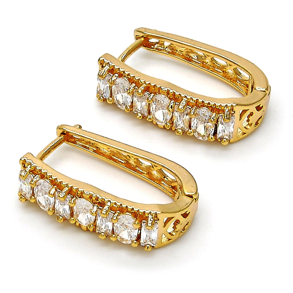 Oro Laminado Huggie Hoop, Gold Filled Style Baguette Design, with White Cubic Zirconia, Polished, Golden Finish