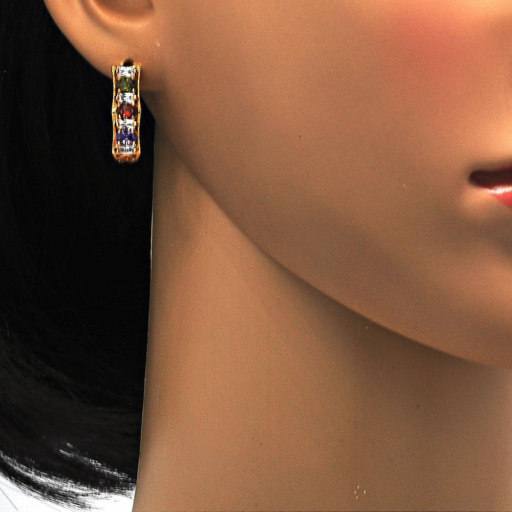 Oro Laminado Huggie Hoop, Gold Filled Style Baguette Design, with Multicolor Cubic Zirconia, Polished, Golden Finish