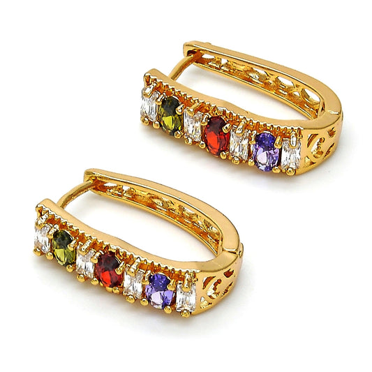 Oro Laminado Huggie Hoop, Gold Filled Style Baguette Design, with Multicolor Cubic Zirconia, Polished, Golden Finish