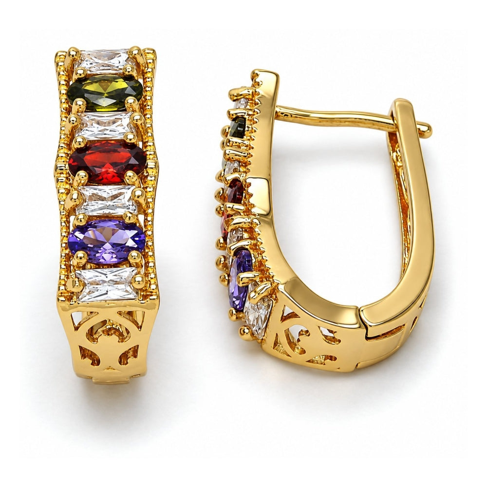 Oro Laminado Huggie Hoop, Gold Filled Style Baguette Design, with Multicolor Cubic Zirconia, Polished, Golden Finish