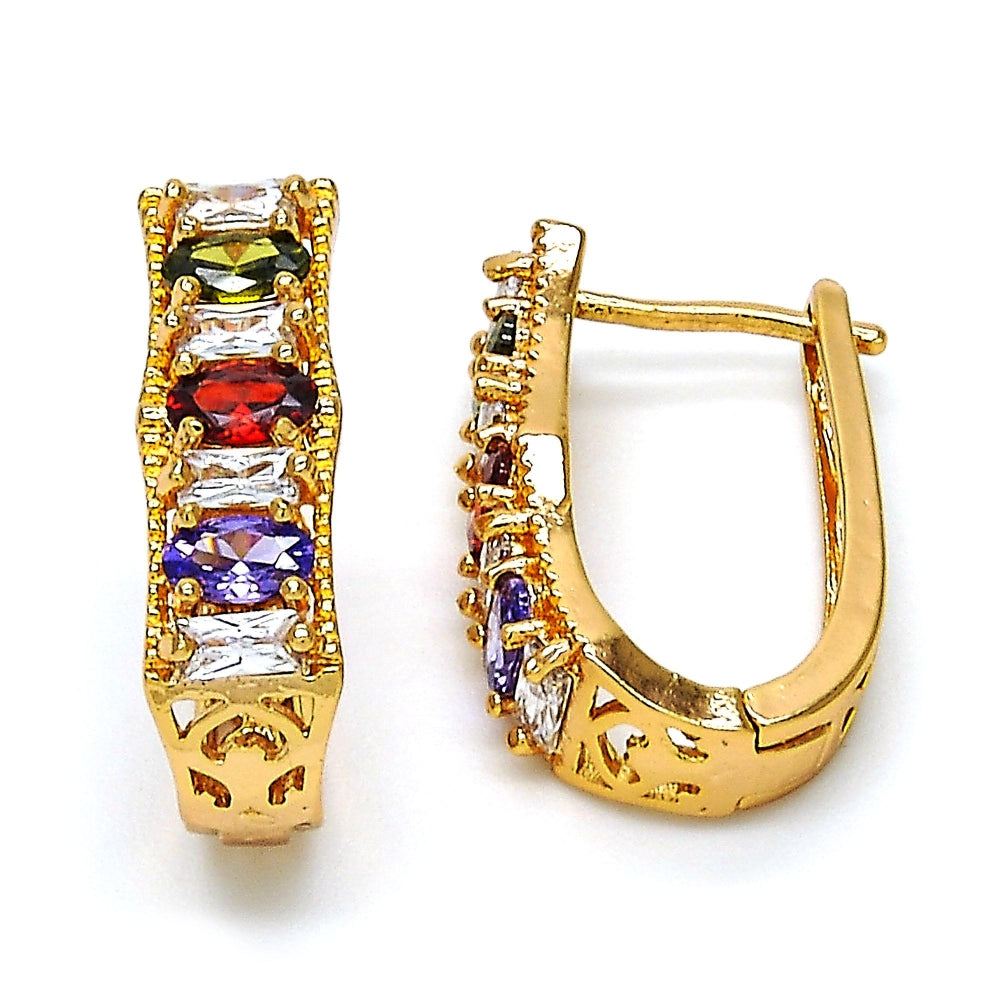 Oro Laminado Huggie Hoop, Gold Filled Style Baguette Design, with Multicolor Cubic Zirconia, Polished, Golden Finish