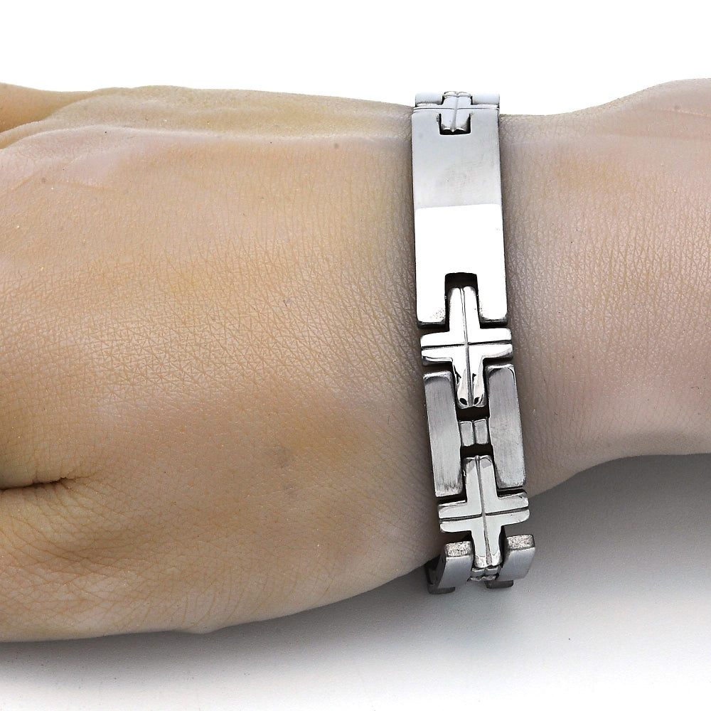 Stainless Steel Solid Bracelet, Cross Design, Polished, Steel Finish